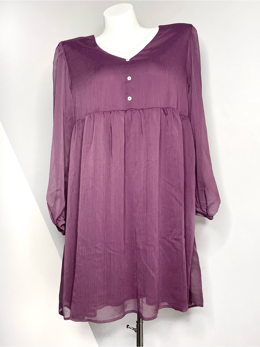 Plum V-Neck Long Sleeve Babydoll Dress